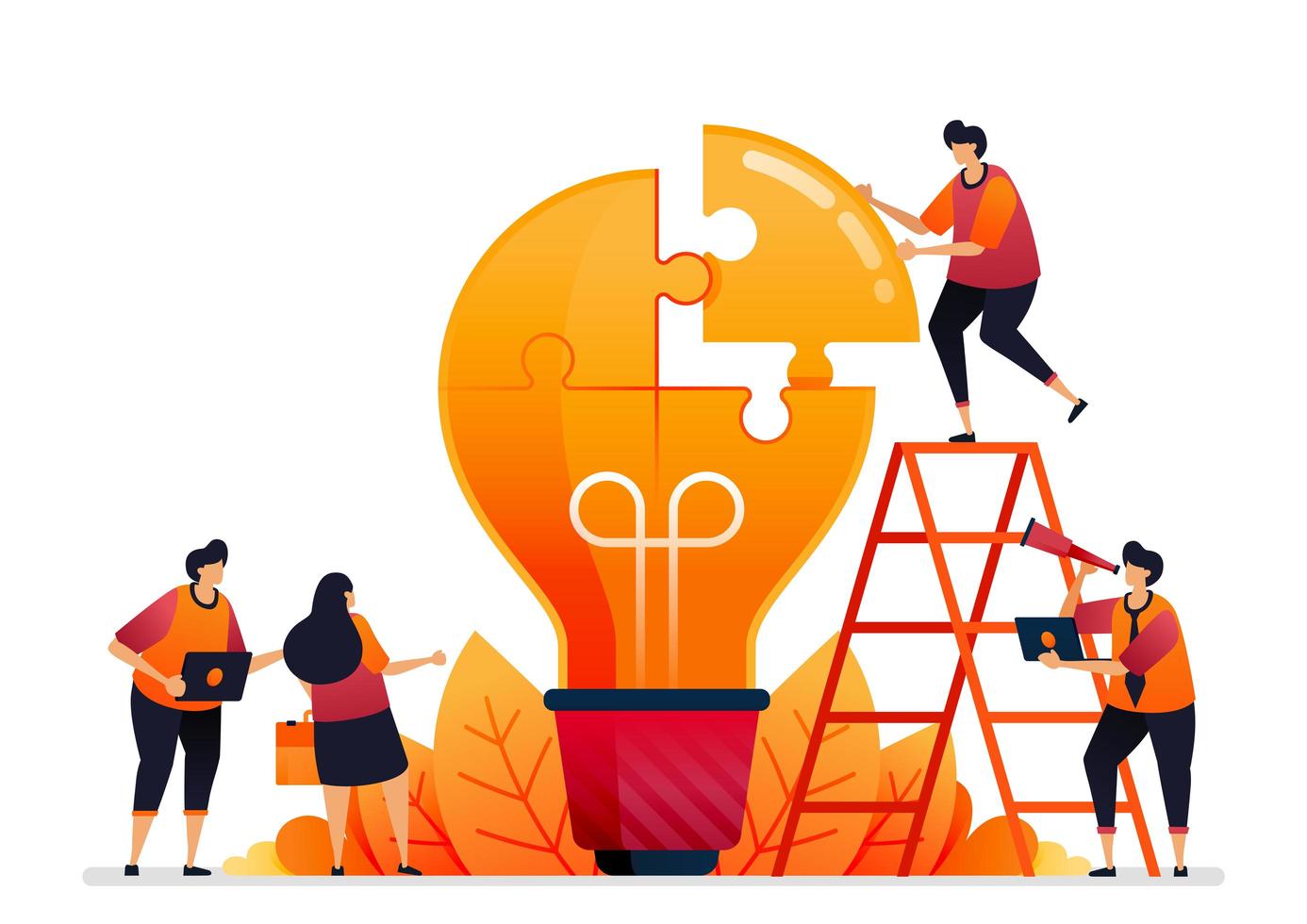 illustration of solve problems and find solutions with teamwork share ideas with brainstorming graphic design for landing page web website mobile apps banner template poster flyer free vector